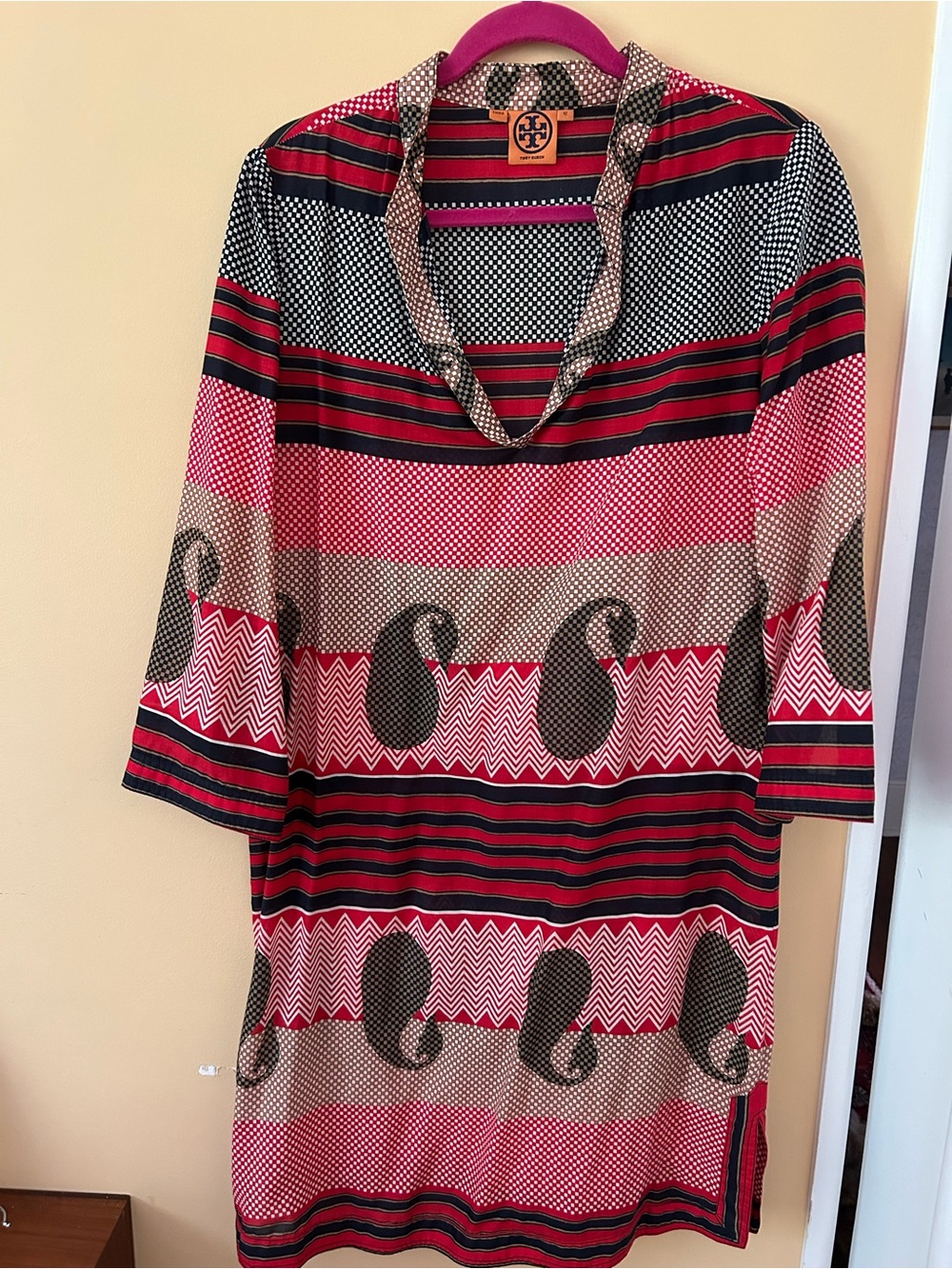 Tory Burch Red, Pink, Black and Cream Patterned Tunic Dress